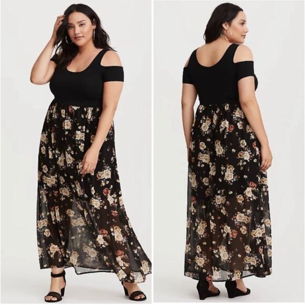 Torrid Cold Shoulder Black Floral Chiffon Maxi Dr… - image 1